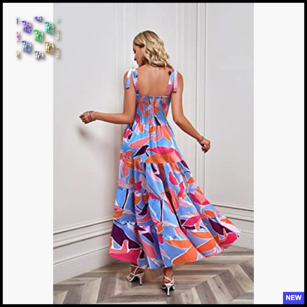 Boho Maxi Dress Summer Casual Flowy Square Neck Spaghetti Strap Ruffle Hem - Picture 6 of 7